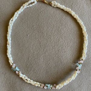 Fresh water pearl necklace 14” with gold clasp with pink, gold tone & blue beads